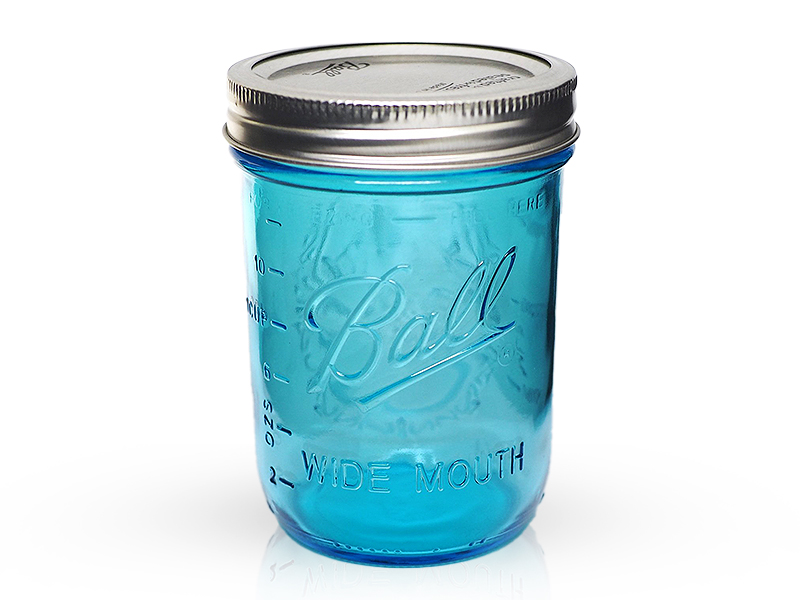 69023 - Ball, 16oz. Blue Color W/M Mason Jar. / ขวดโหลแก้วบอลล์ปากกว้างสีฟ้า 16ออนซ์