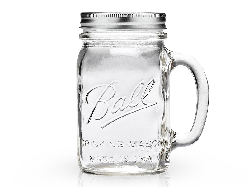 16001LB - Ball, 16oz. R/M Plain Drinking Logo Jar With Lid & Band. / แก้วมีหูพิมพ์โลโก้บอลล์พร้อมฝาปากแคบ16ออนซ์