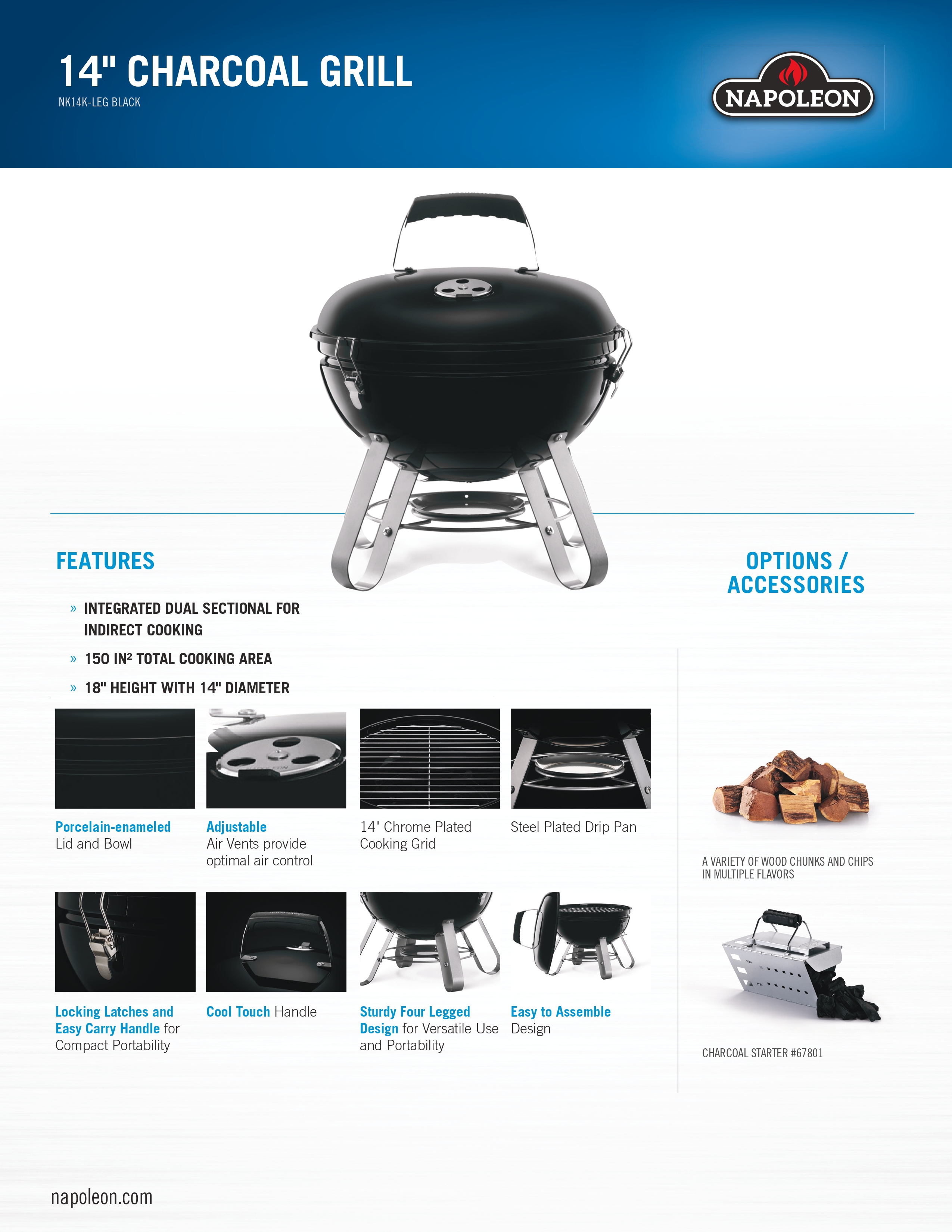 NK14K Leg - Napoleon, Kettle 14IN Portable BLK, LEG / เตาบาร์บีคิวถ่านตั้งโต๊ะนโปเลียนรุ่นเลก